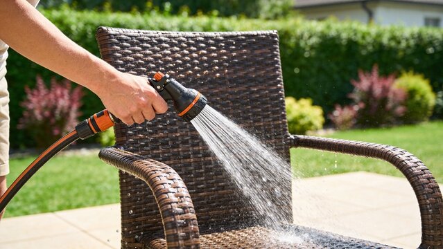 Outdoor home maintenance scene: hand spraying water from hose nozzle to wash rattan chair on sunny backyard patio. Summer cleaning and household chore concept