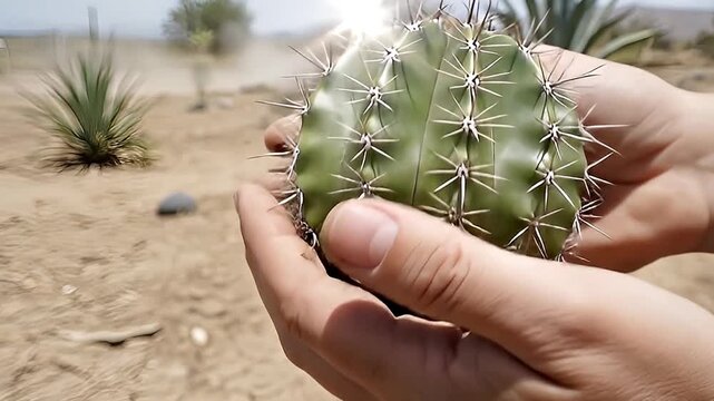 A close-up shot features a person's hands gently cradling a small, spherical cactus against a natural, arid outdoor backdrop. The vibrant green succulent is covered in numerous sharp, white spines, sh