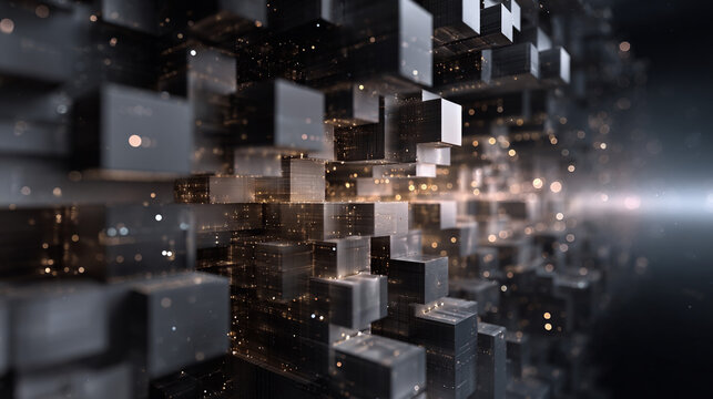 Abstract 3D rendering of interconnected metallic and transparent cubes with glowing particles, representing data, technology, and futuristic innovation.