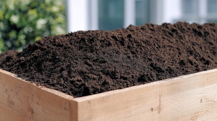Raised wooden garden bed filled with rich dark soil. Close-up of fertile compost ready for planting outdoors. Gardening, agriculture, cultivation and organic growth concept