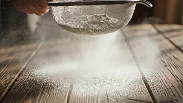 Sifting flour onto a wooden surface with a metal sieve.