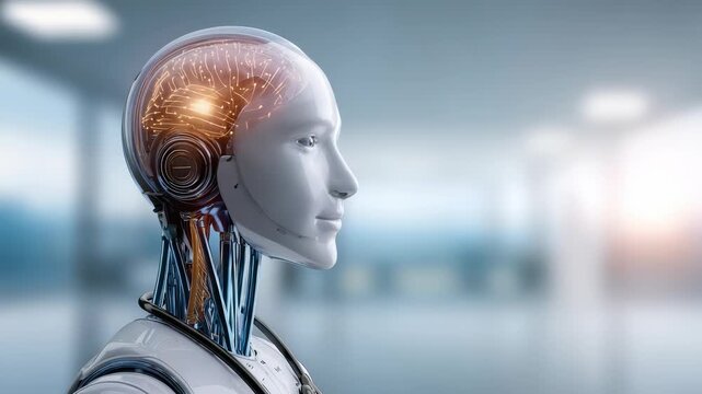 Highly detailed humanoid robot with glowing neural network brain is depicted in sleek, contemporary workspace. This highlights synergy between artificial intelligence, cutting edge robotics