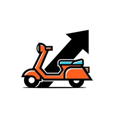 Modern orange scooter with upward arrow on white background