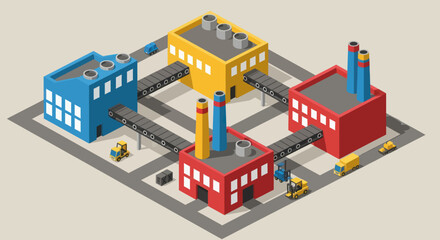Isometric Factories Connected by Conveyor Belts and Roads.