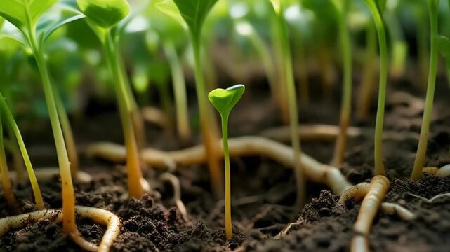 New life emerges from rich soil a close-up view of tiny green sprouts with delicate roots pushing through the earth