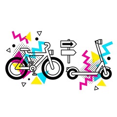 Vibrant illustration of bicycle and scooter with colorful geometric shapes