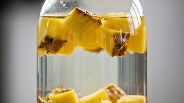 Fresh Pineapple Chunks Infusing in Water in a Glass Jar