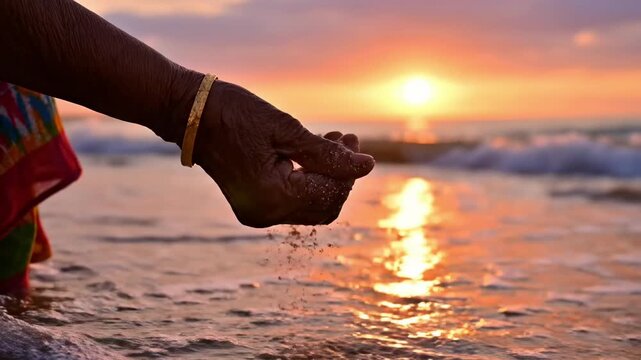 Hand releasing water at serene beach sunset with vibrant sky.