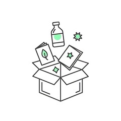 Eco friendly products in a cardboard box with green icons
