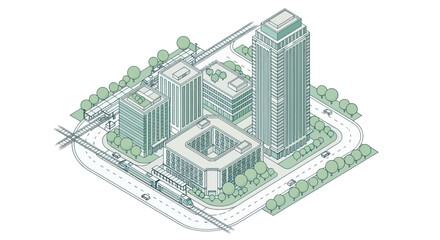 Isometric illustration of a modern city block with various buildings and infrastructure. © Fais