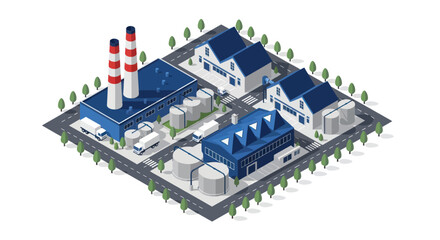 Isometric Industrial Area with Factories and Residential Buildings.