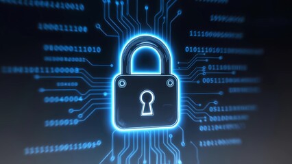 Blue Padlock Icon with Circuit Lines on Digital Background