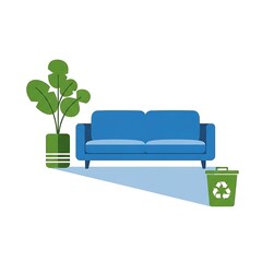 Modern living room with blue sofa and green recycling bin