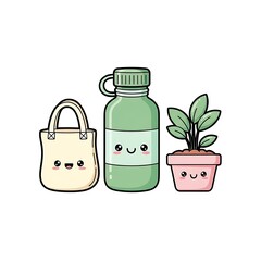 Cute cartoon objects with smiling faces for eco friendly lifestyle