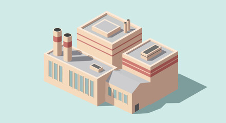 Isometric Industrial Factory Building with Chimneys and Windows.