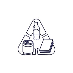 Recycling symbol with paper, plastic, and metal