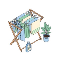 Clothes drying on a wooden rack with laundry detergent and plant