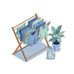 Clothes drying rack with laundry and plant