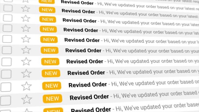 Revised Order email notifications appear in multiples within the inbox. Representing e-commerce updates, order changes, digital notifications, and workflow activity.