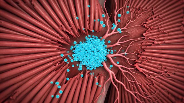 Close-Up of Liver Cells with Blue Particles in Red Tissue Background Showing Biology and Anatomy in