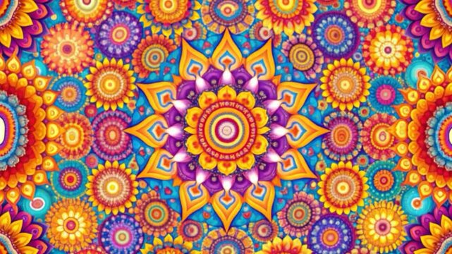 A kaleidoscopic, colorful mandala design of floral, patterned elements