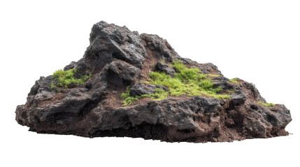Mountain rock fragment with soil and grass, realistic terrain object, isolated on a white background,