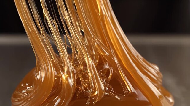 Close Up Pulling Sweet Golden Caramel for Confectionery Food Processing Slow Motion Dripping