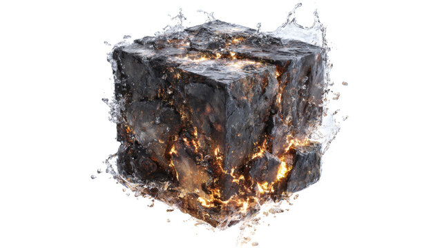 Floating elemental cube made of fire water and stone, surreal fantasy art, isolated on a white background