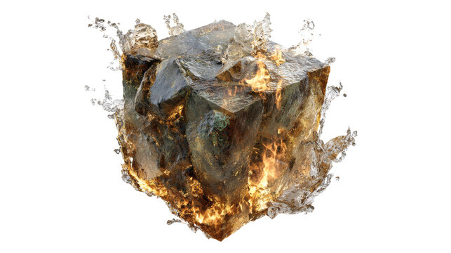 Floating elemental cube made of fire water and stone, surreal fantasy art, isolated on a white background