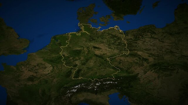 Germany high resolution 4k satellite map locator video cinematic zoom animation with 3d drop shadow and illuminated border European travel geography and geopolitical news broadcasting asset