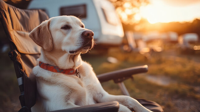 Relaxed dog camping sunset outdoor pet chair vacation travel leisure golden hour peaceful relaxed dog resting on camping chair at sunset in outdoor holiday campground background