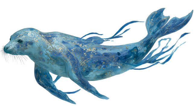 Selkie seal creature transforming into human form, mystical folklore art, isolated on a white background