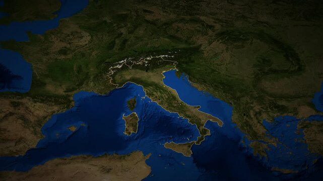 Italy high resolution 4k satellite map locator video cinematic zoom animation with 3d drop shadow and illuminated border European travel geography and geopolitical news broadcasting asset