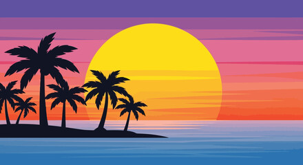Vibrant Sunset Beach: Palm Trees Silhouette, Tropical Island Horizon, Ocean Waves