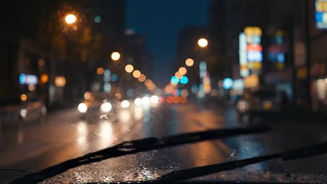 Nighttime city street scene with blurred lights and cars driving down a wet road with a shallow depth of field and a dark blue night sky.