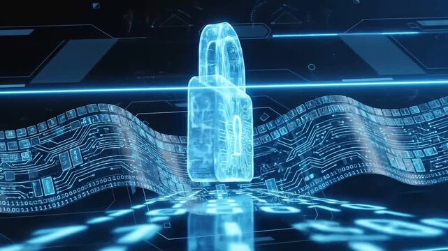 Glowing blue padlock standing on a circuit board with wavy lines of microchips in a dark futuristic background with neon lights.