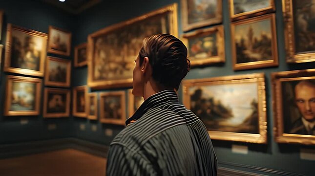 Man Viewing Paintings in Art Gallery.