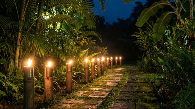 Bamboo torch lanterns lighting up a stone pathway in a tropical garden at night for resort atmosphere