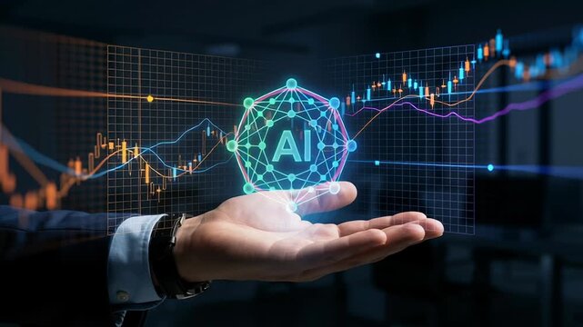 AI technology visualizes bubble financial charts showing risk and speculation in market, economic crisis with hand holding digital hologram and rising graph lines in futuristic interface