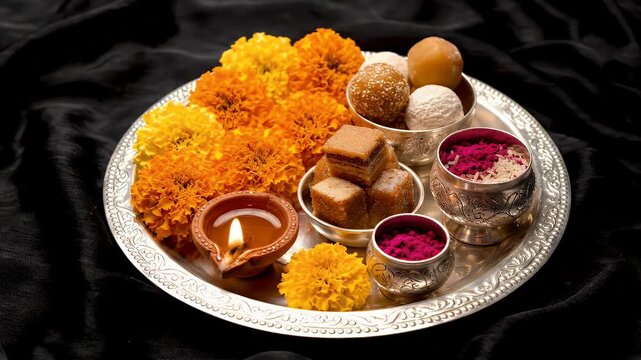 Decorative Silver Plate with Flowers Sweets and Powder in Bowls on Black Fabric Backdrop for