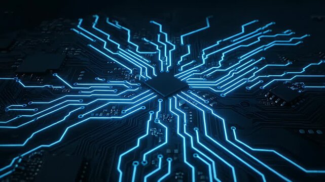 Detailed Blue Circuit Board Close-Up Electronic Theme Futuristic Technology and Glowing Electrical