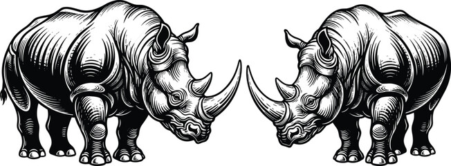 Detailed black and white vector sketch of two powerful rhinoceroses facing each other for wildlife conservation safari nature and african zoo animal themed designsDetailed black and white vector  © MstRujifa
