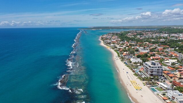 Fantastic aerial view of Barra de Sao Miguel beach on a sunny summer day in February 2026 near Maceio City. Alagoas State, Brazil 