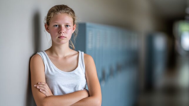 Upset teenage girl leaning against lockers with crossed arms, looking frustrated. School corridor background, teen emotions, defiance, peer pressure, youth behavior concept