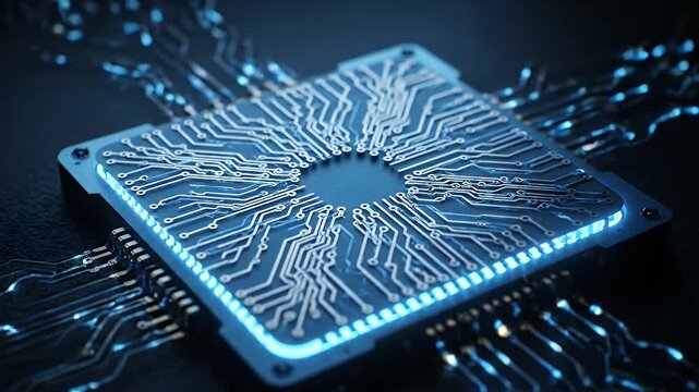 Illuminated Microchip Square Design with Circuitry Lines Glowing Blue on Black Background