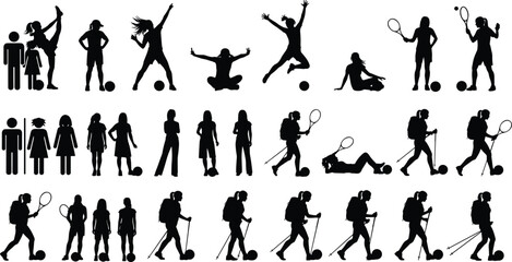 Active lifestyle silhouettes collection, diverse people playing sports, hiking, tennis, soccer, fitness activities isolated on white background illustration