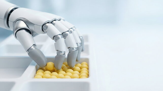 A robotic arm precisely picks yellow pills from a white tray in a sterile lab, showcasing AI in healthcare and pharma automation.