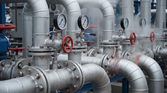 Industrial Piping System with Red Valves and Pressure Gauges Silver Pipes and Steam Leaks Under