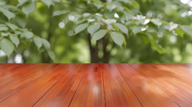 A polished wooden surface with a warm grain fills the foreground. Behind it, softly blurred green foliage and sparkling bokeh lights create a serene, natural backdrop. This versatile scene is perfect 