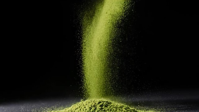 Matcha green tea powder on black dark clean background copy space